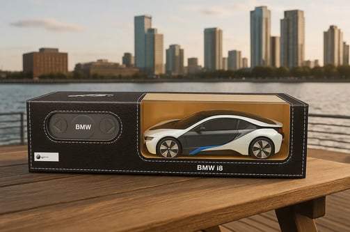 Carro a control remoto BMW en su caja 