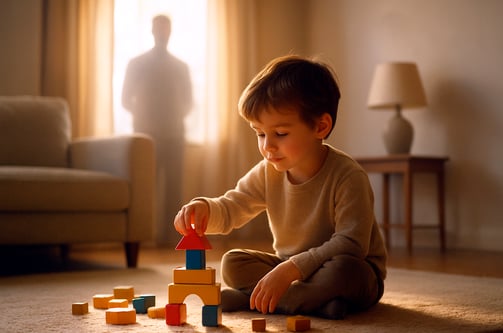 Niño jugando con bloques en una sala iluminada por luz cálida, con la sombra de un adulto al fondo.