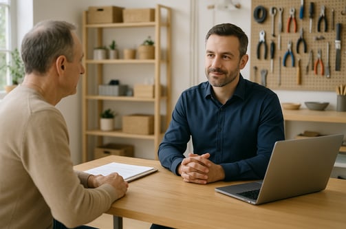 Dos personas conversan en un entorno profesional y acogedor, con herramientas de trabajo al fondo.