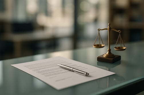 Documento legal con bolígrafo sobre una mesa de cristal junto a una balanza dorada.