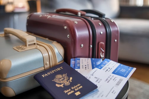 Maletas, pasaporte y billetes listos para un viaje.