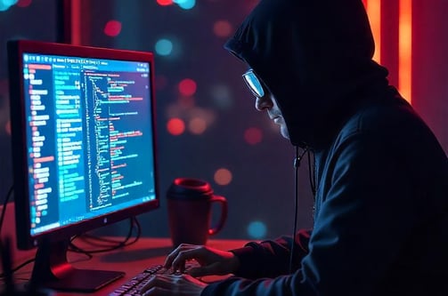 Persona programando en un entorno oscuro y tecnológico, transmitiendo ciberseguridad o confidencial.