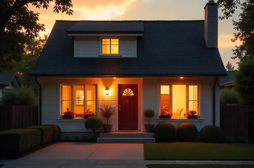 Casa familiar iluminada al anochecer, con jardín cuidado y ambiente cálido y acogedor.