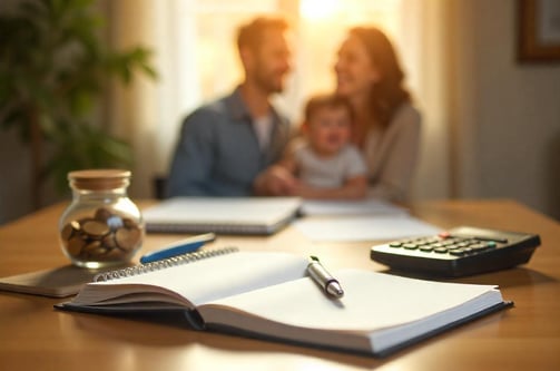 Planificación familiar, con elementos de ahorro y una familia al fondo que transmite bienestar.