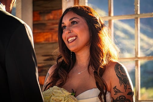bride inside wedding chapel at nelson ghost town