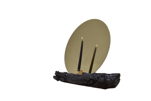 Candleholder burned wood and polished brass