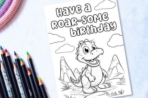 Printable coloring happy birthday card for a boy with a dinosaur