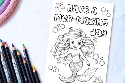 Printable coloring happy birthday card for a girl with a mermaid