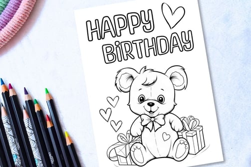 Digital Printable Coloring Happy Birthday Card with a Teddy Bear