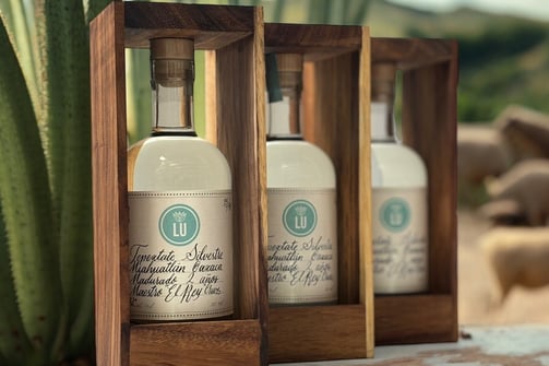 Botellas de Lu Mezcal con fondo de naturaleza con mezcales
