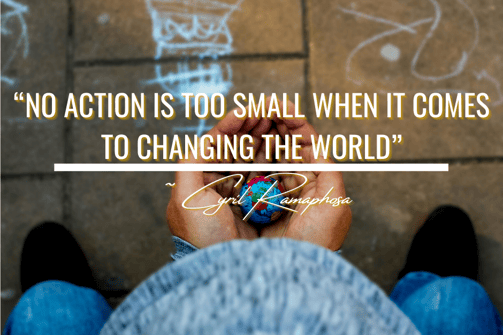 person holding a globe with a Cyril Ramaphosa quote