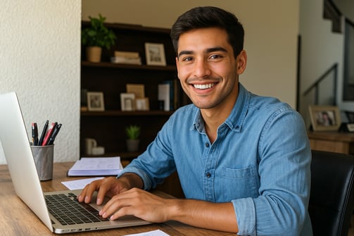 Hombre sonriente trabajando enfrente de su laptop en su casa, generando ingresos extra.
