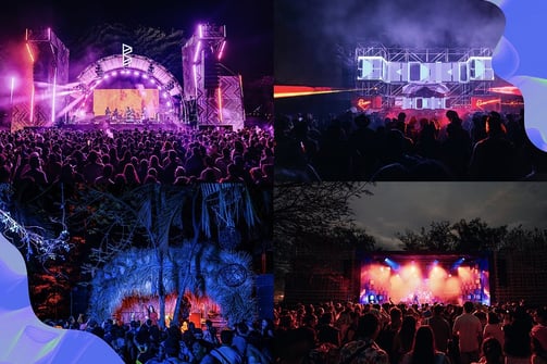 Collage de momentos icónicos en Bahidorá, incluyendo artistas en el escenario, instalaciones de arte