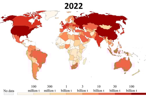 Map of cumulative CO2 emissions since 1750 by country in 2022