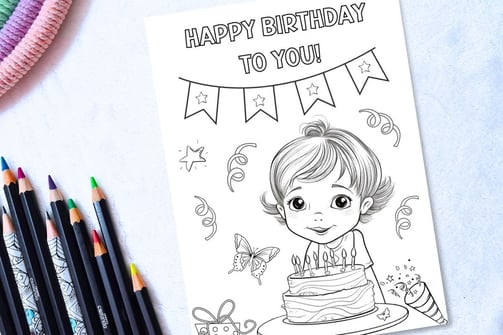 Digital Printable Coloring Birthday Card for a Girl