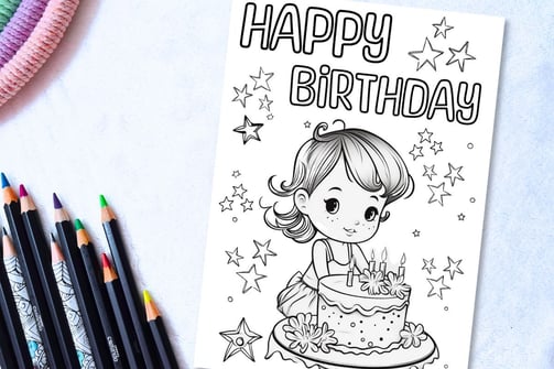 Printable Coloring Birthday Cards for Kids with a Birthday Girl