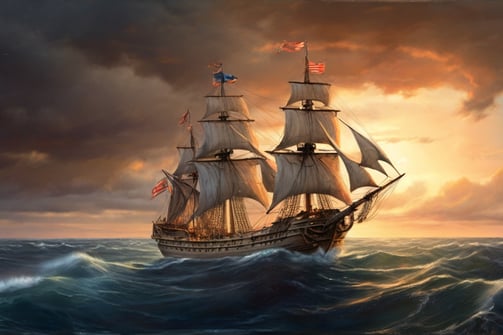 frigate sailing in the ocean at twilight