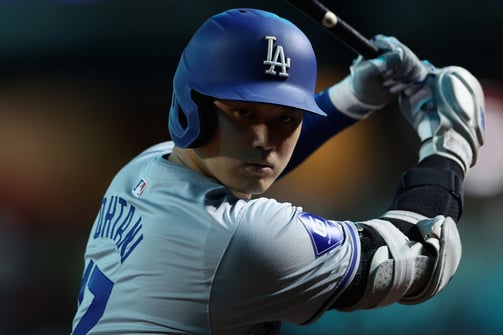 Shohei Ohtani preparing to bat in Dodgers uniform