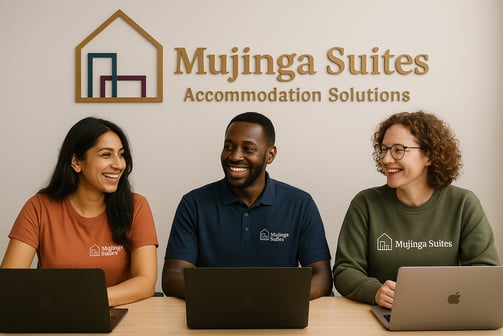 Diverse group of happy property managers working in office infront of laptops
