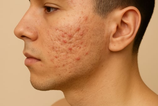 Perfil facial mostrando cicatrices de acné en la mejilla
