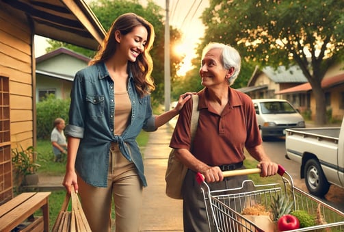 Person helping an elderly neighbor carry groceries in a quiet neighborhood, showing simple daily actions aligned with values.