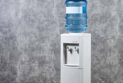 a water bottle with a water dispenser on top of it