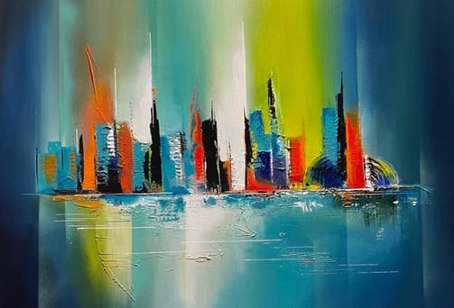 tableau peinture acrylique représentant une ville abstraite très colorée