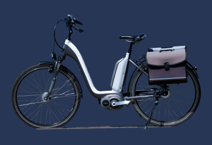 a e bicycle with a briefcase on it