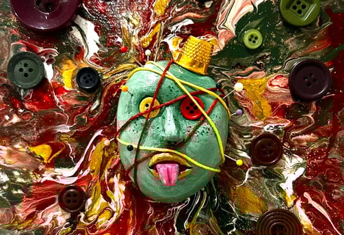 Ilona Paris tableau sculpture sur toile d'un visage cousu avec des yeux boutons