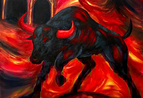 Ilona Paris tableau tauromachie d'un taureau sur fond rouge