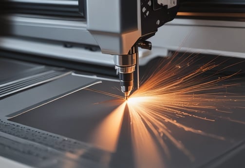 A laser cutting machine is in the process of cutting through a sheet of material. The laser emits a bright light as it precisely cuts along the edge. The machine's nozzle is positioned closely to the material, demonstrating a high level of precision.