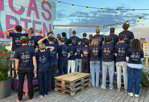 Group photo of the SOLA run done by ETH Zürich SPACE students wearing custom alweare tshirt