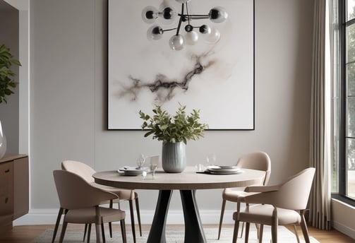 An elegant interior featuring a luxurious hallway. The space is adorned with gold and dark accents, with tall curtains and polished floors. Plants add a touch of greenery, and modern seating surrounds a glass-topped table in the foreground. A central round table, partially obscured, displays decorative items, while ambient lighting complements the sophisticated atmosphere.