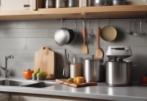 A well-organized store interior with neatly arranged products. Various home goods and decorations are displayed, including kitchenware, artificial flowers, and textiles. Shelves are filled with neatly stacked items, and the store is brightly lit with natural and artificial light.