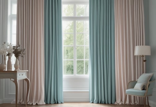 A row of hanging fabric curtains in various colors is illuminated by sunlight, casting shadows across their textured surfaces. The fabrics range from greens and browns to oranges and reds, creating a warm and earthy palette.