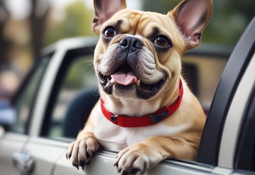 A small dog sits comfortably in the backseat of a car on a leopard-print blanket. The scene is reflected in the car's rearview mirror, showing part of the interior, which features beige upholstery. A hand reaches towards the dog, possibly petting it.
