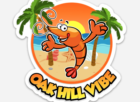 a sticker with a cartoon shrimp in the background