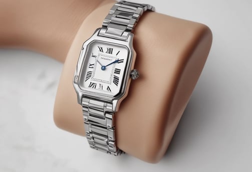 A luxury wristwatch with a black dial and steel bracelet is prominently displayed. The watch features a rotating bezel with large, luminous markers and hands.