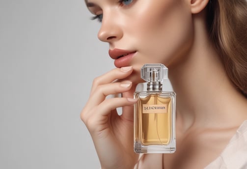Four small glass perfume bottles of various shapes and colors are laid out on a soft, white fabric. The bottles are evenly spaced and include scents labeled as 'Replica', 'Twilly', and 'Hermes'. The gentle folds of the fabric create a simple, elegant backdrop.