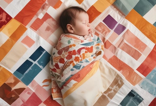 Various baby items are arranged neatly, including a soft plush bunny toy, a small wooden elephant, a baby hairbrush, and a pacifier. There are also folded blankets and towels, some tied with a ribbon, and fabric with cherry patterns. A blank beige card is placed centrally among these items.