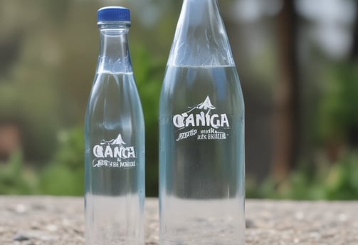 A clear plastic bottle of Evian natural mineral water standing upright on a wooden surface. The bottle is 500 ml in size and has water droplets on it. In the background, there is a blurred, wintry outdoor setting with bare trees and a body of water, adding a sense of cold and serenity to the image.