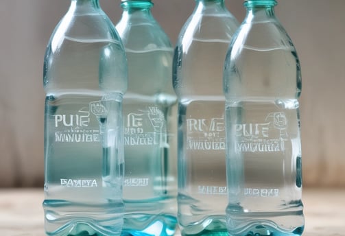 A plastic bottle of mineral water labeled 'Vatra,' with a blue cap, is standing on a light stone ground. The background features lush green leaves and a rough concrete block.