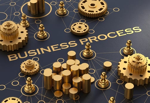 a business process with gears and gears on a blue background