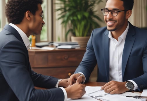 A dimly lit computer lab features several workstations with monitors and keyboards arranged in a line. A design composed of blue lines and the word 'Amcbridge' is visible on the wall. Vertical blinds partially cover the window, letting in minimal light.