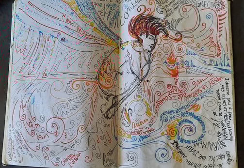 croquis d'un corps ailé en position foetale avec des annotations