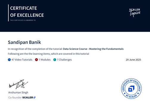 Data Science - Mastering the Fundamentals - Certificate from Scaler - Sandipan Banik