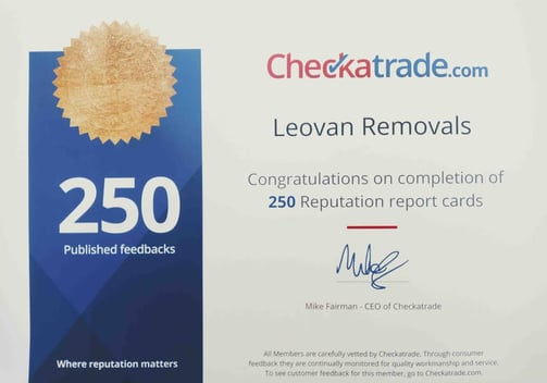 Checkatrade.com Certificate of 250 published feedbacks for Leovan Removals (leovan.com)