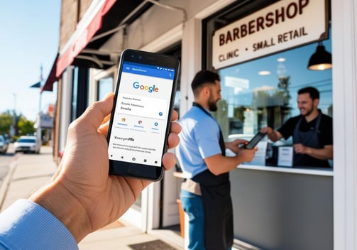 Person with cell phone in hand, with Google search page open, looking for local business and finding