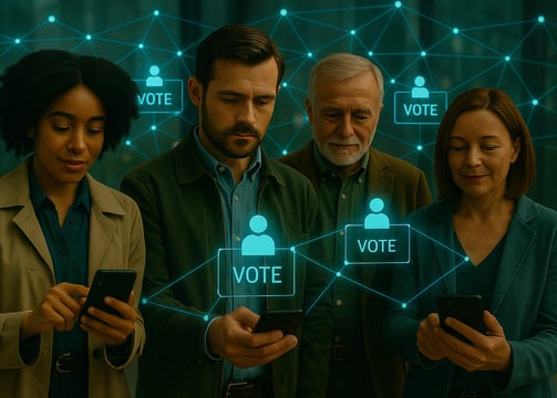 Four diverse Australians vote securely using smartphones, surrounded by a glowing blue blockchain network overlay with “VOTE”
