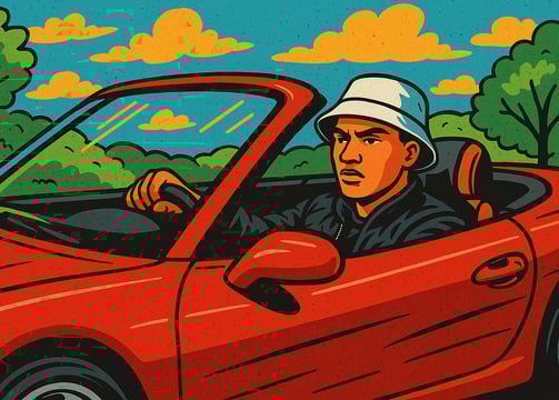 Hustensaft Jüngling in einem roten Sportwagen (Rarri), mit Sonnenbrille und Geld in der Hand, vor urbaner Kulisse